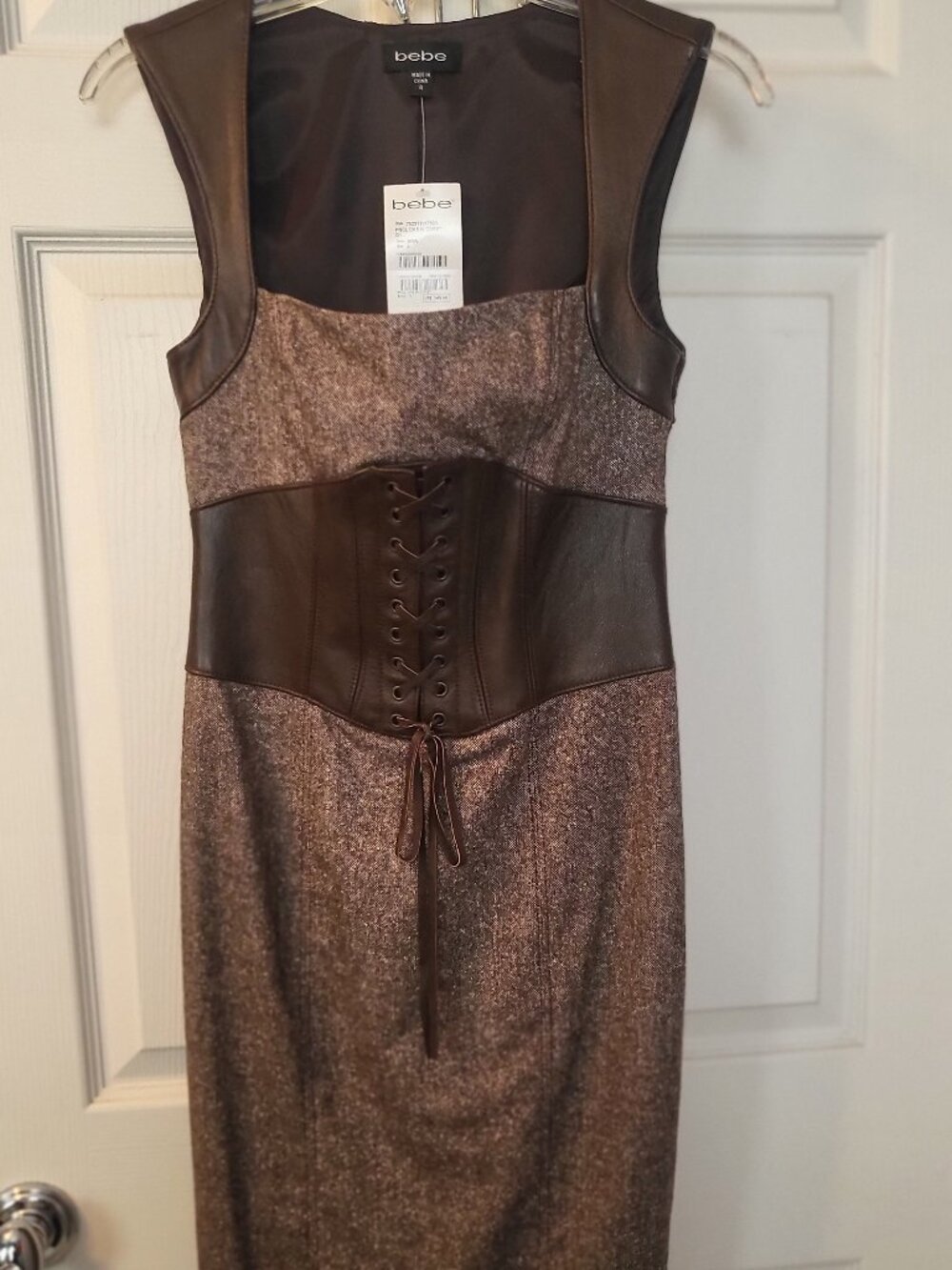 Classic Wool Dress with Leather Details, Brown, size 4